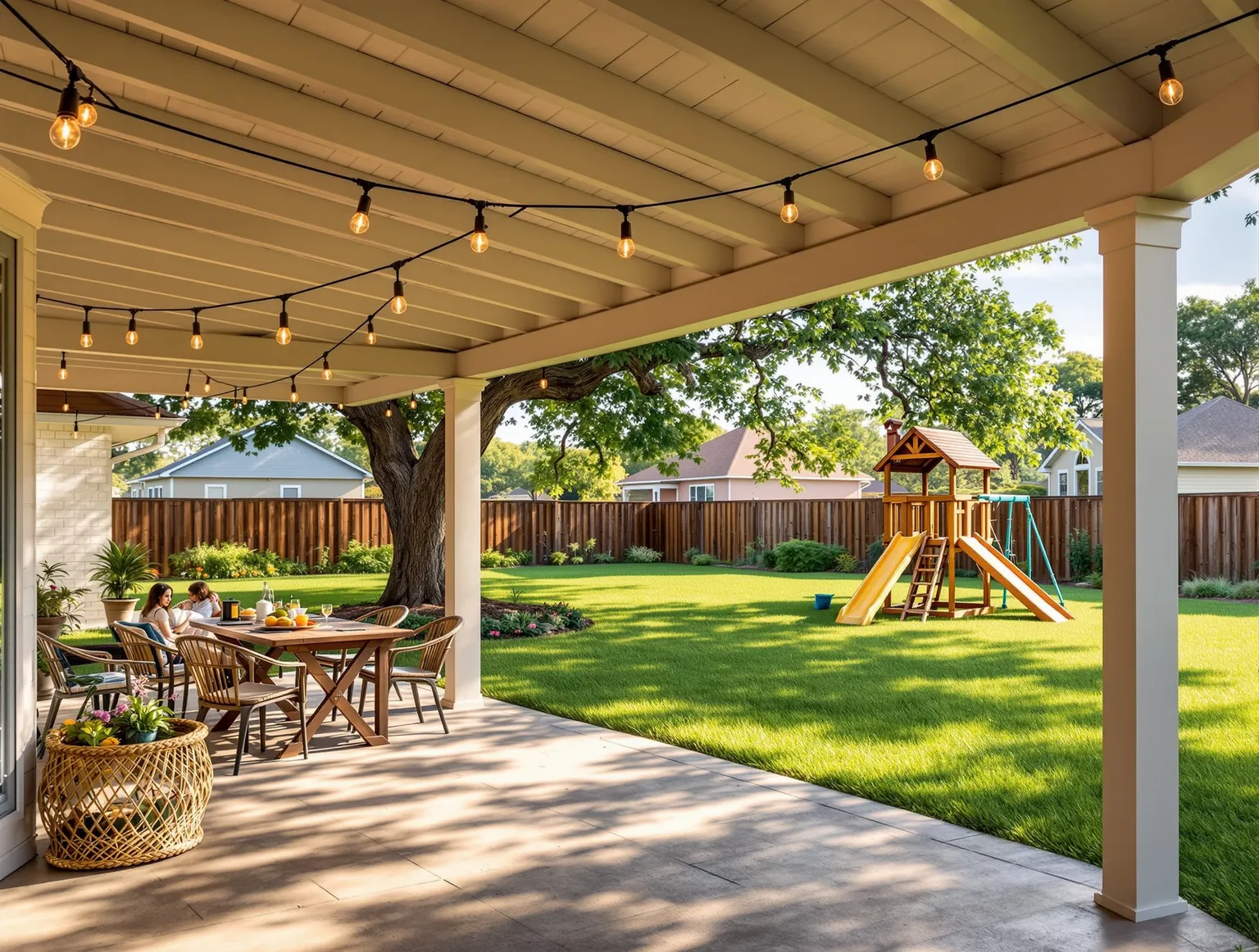 Backyard with covered patio and playset