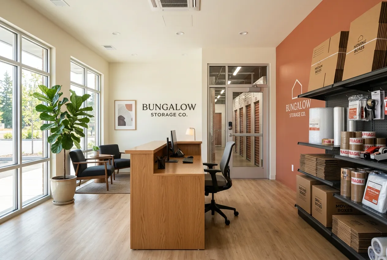The bright front office with oak desk, supply shelves, and a terracotta accent wall