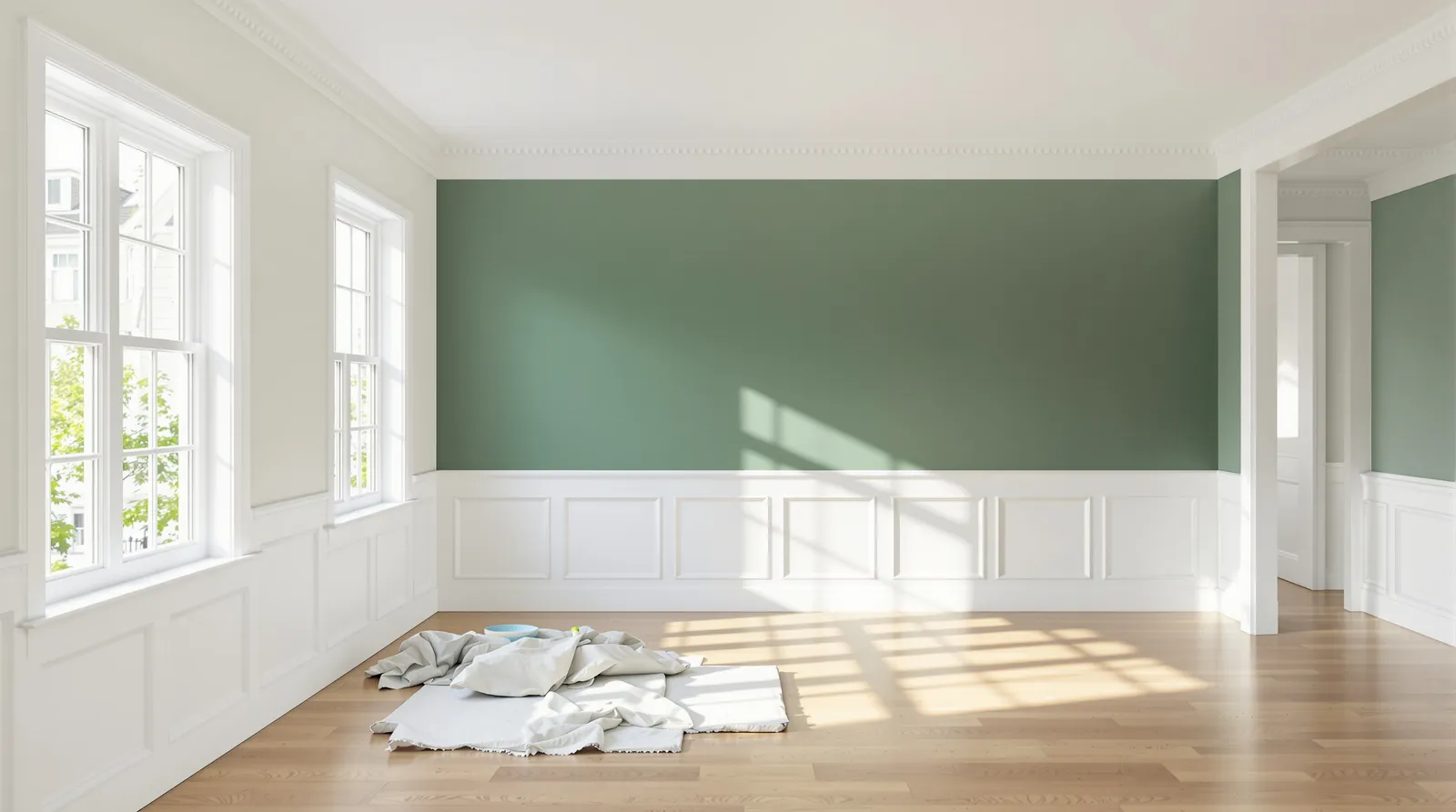 A restored bungalow living room with one accent wall freshly painted deep green